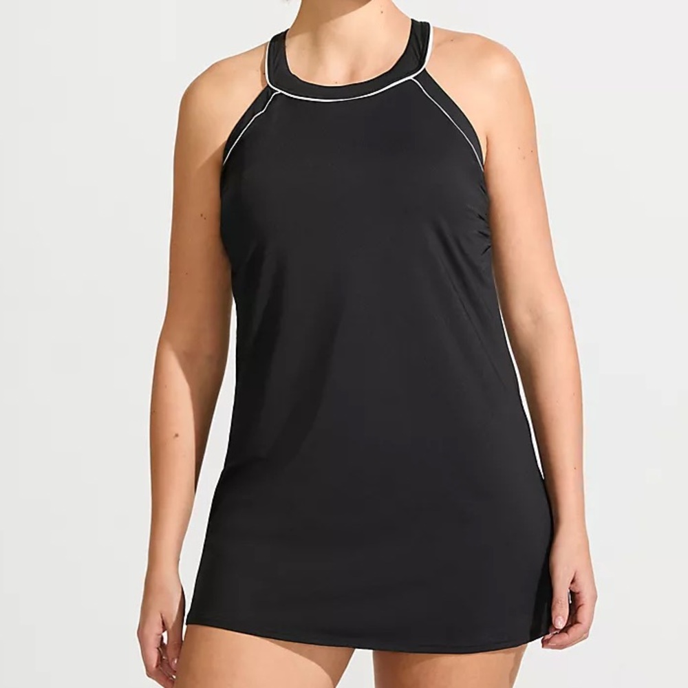 Lands’ End Swim Dress Black Tummy Control Halter Swimdress Size 16D NWOT